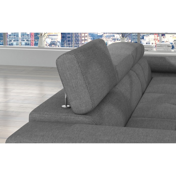 Canapé d’angle convertible AMANDA gris chiné – Tissu effet lin et appuie-têtes réglables 