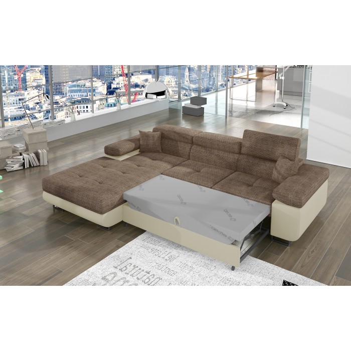 Canapé d’angle convertible AMANDA beige et crème en tissu grosse maille 