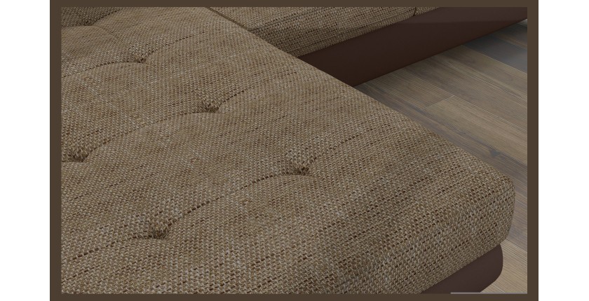 Canapé d’angle convertible AMANDA beige et chocolat en tissu grosse maille 