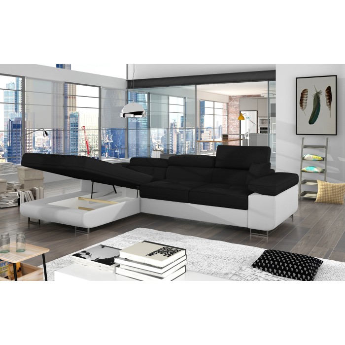 Canapé d’angle convertible AMANDA noir et blanc en tissu chiné 
