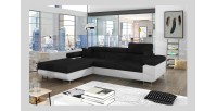 Canapé d’angle convertible AMANDA noir et blanc en tissu chiné 