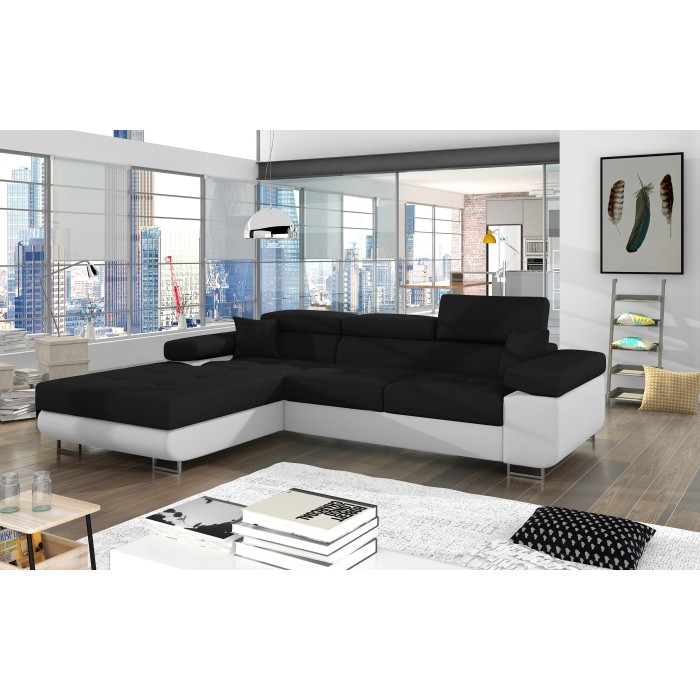 Canapé d’angle convertible AMANDA noir et blanc en tissu chiné 