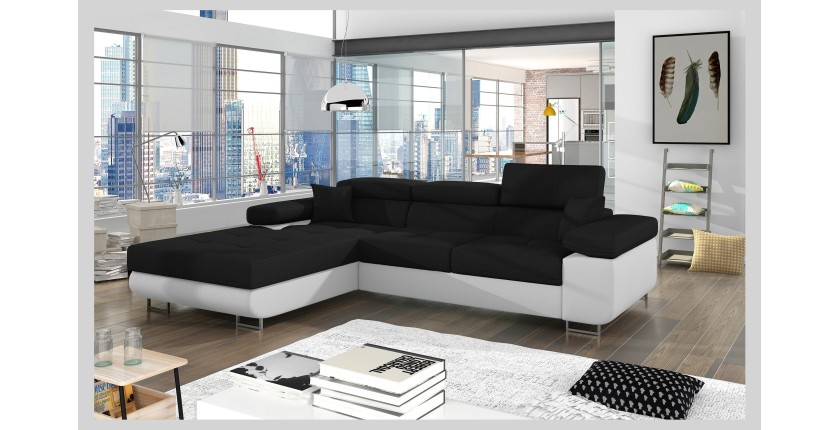 Canapé d’angle convertible AMANDA noir et blanc en tissu chiné 