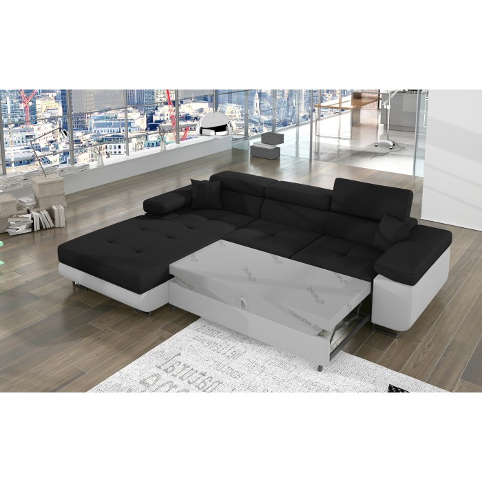 Canapé d’angle convertible AMANDA noir et blanc en tissu chiné 