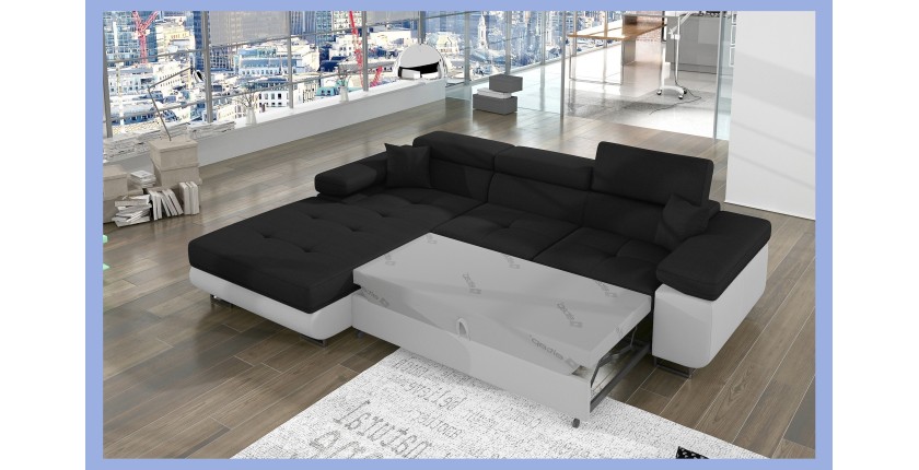 Canapé d’angle convertible AMANDA noir et blanc en tissu chiné 
