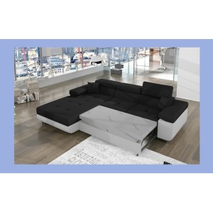 Canapé d’angle convertible AMANDA noir et blanc en tissu chiné 
