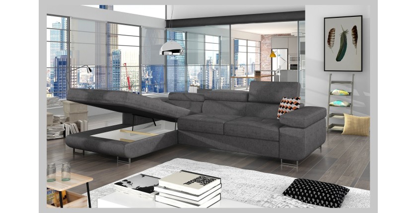 Canapé d’angle convertible AMANDA gris en tissu jacquard 