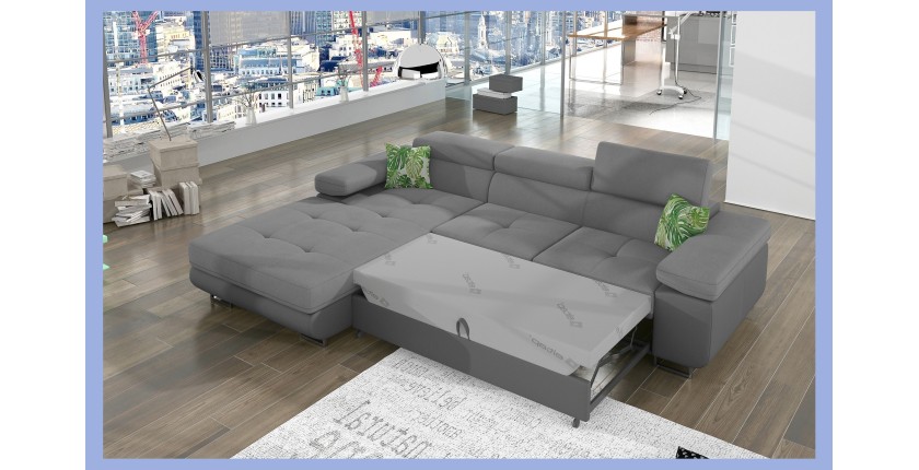 Canapé d’angle convertible AMANDA gris en tissu effet lin avec coffre 