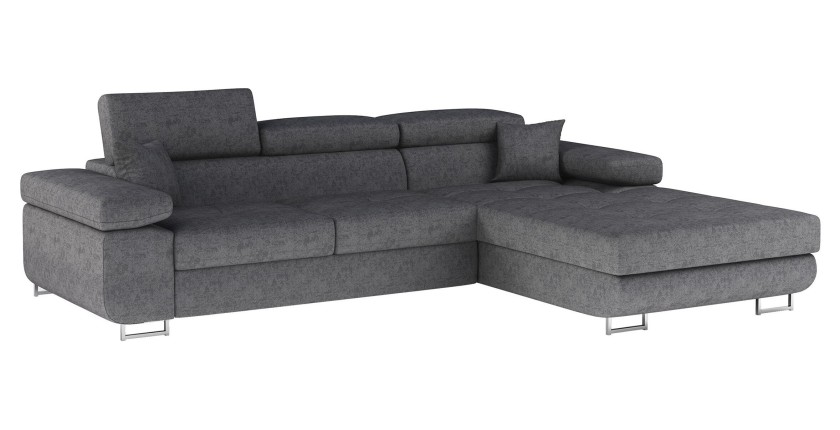 Canapé d’angle convertible AMANDA gris chiné en tissu jacquard avec coffre 