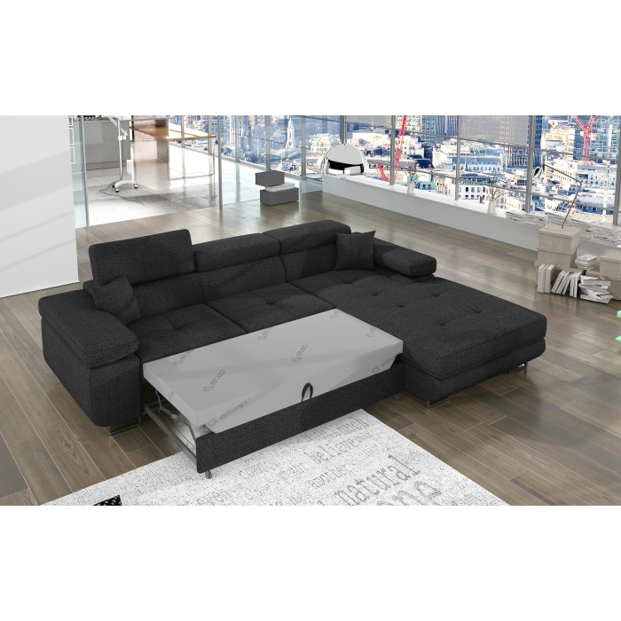 Canapé d’angle convertible AMANDA gris foncé en tissu structuré avec coffre 