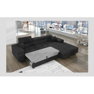 Canapé d’angle convertible AMANDA gris foncé en tissu structuré avec coffre 