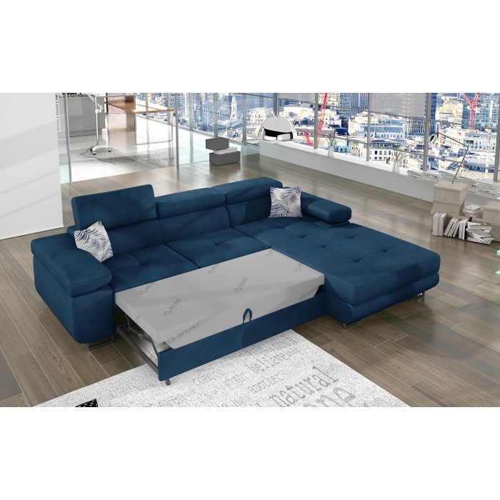 Canapé d’angle convertible AMANDA bleu foncé en tissu tramé fin avec coffre 