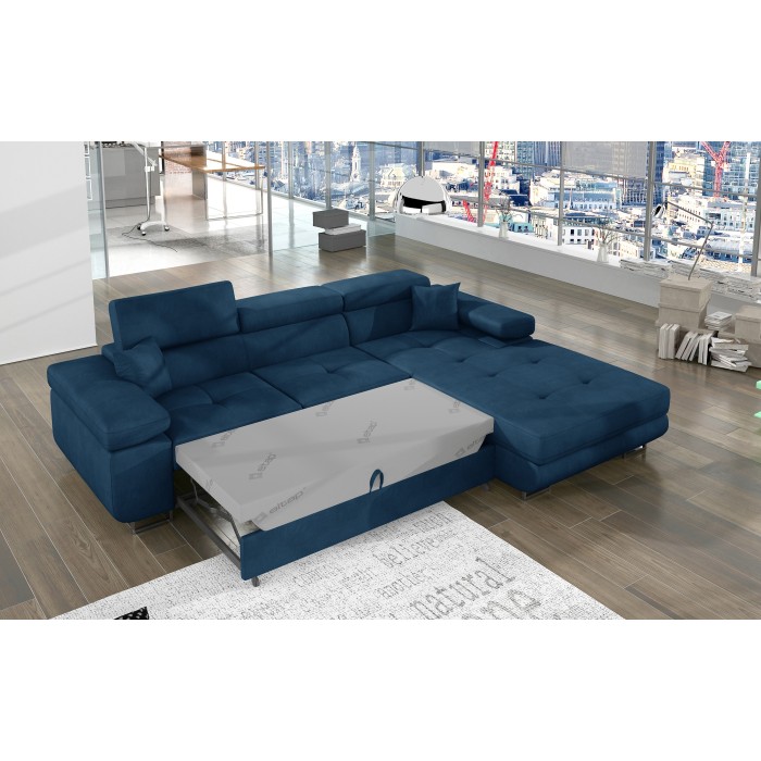 Canapé d’angle convertible AMANDA bleu foncé en tissu tramé fin avec coffre 