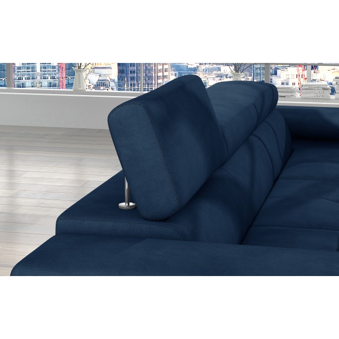 Canapé d’angle convertible AMANDA bleu foncé en tissu tramé fin avec coffre 