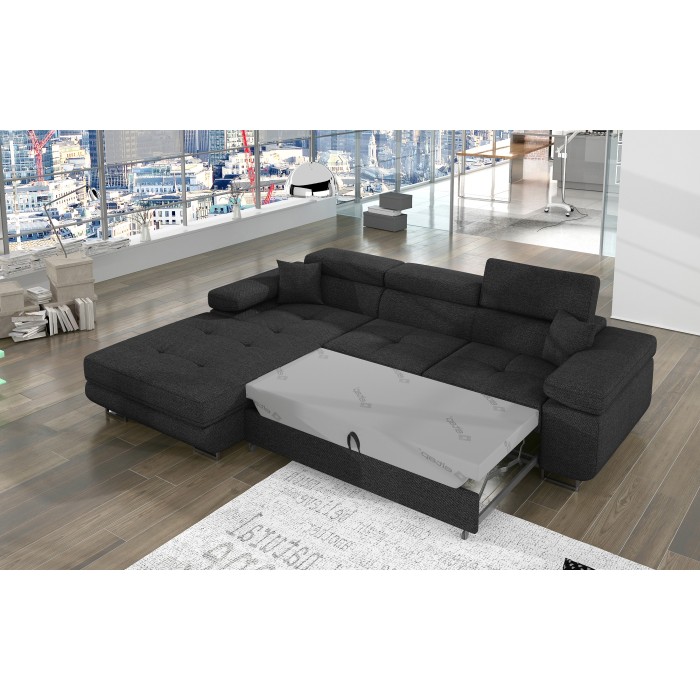 Canapé d’angle convertible AMANDA gris foncé chenille tissée avec coffre 