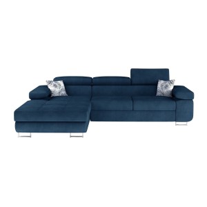 Canapé d’angle convertible AMANDA bleu foncé tissu chiné avec coffre 