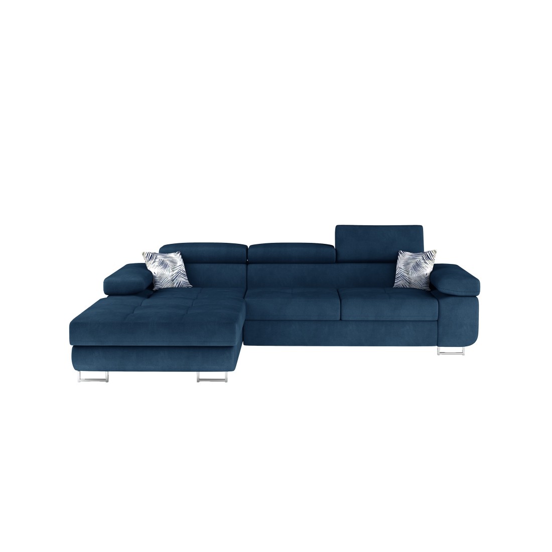 Canapé d’angle convertible AMANDA bleu foncé tissu chiné avec coffre 