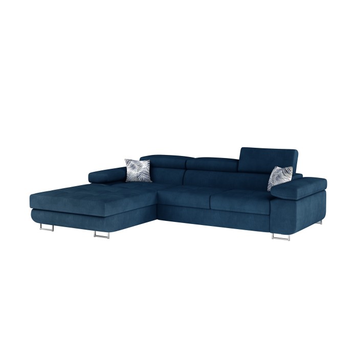 Canapé d’angle convertible AMANDA bleu foncé tissu chiné avec coffre 
