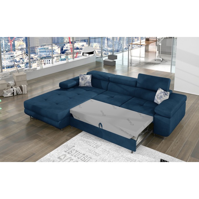 Canapé d’angle convertible AMANDA bleu foncé tissu chiné avec coffre 