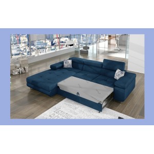 Canapé d’angle convertible AMANDA bleu foncé tissu chiné avec coffre 
