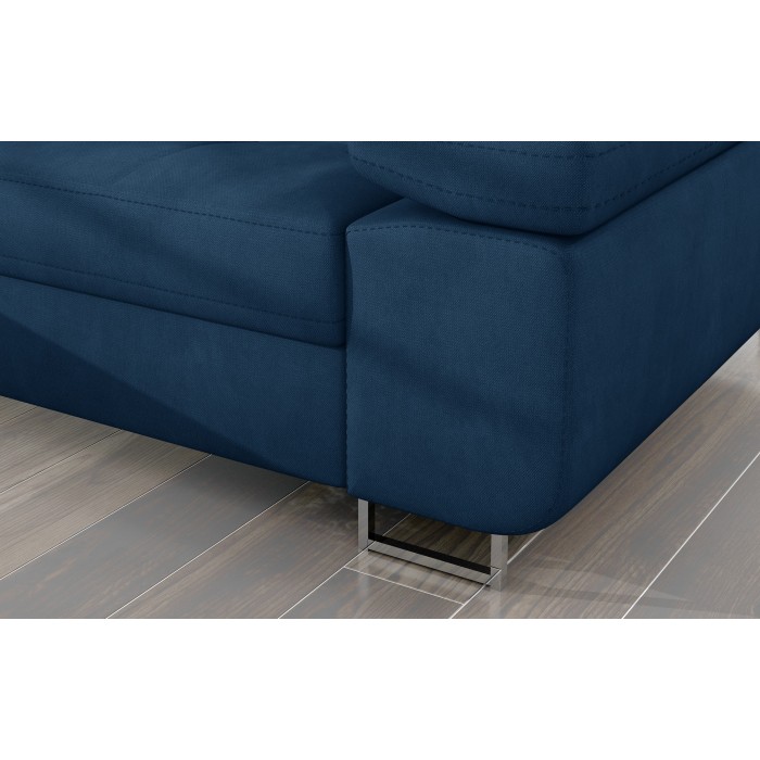 Canapé d’angle convertible AMANDA bleu foncé tissu chiné avec coffre 