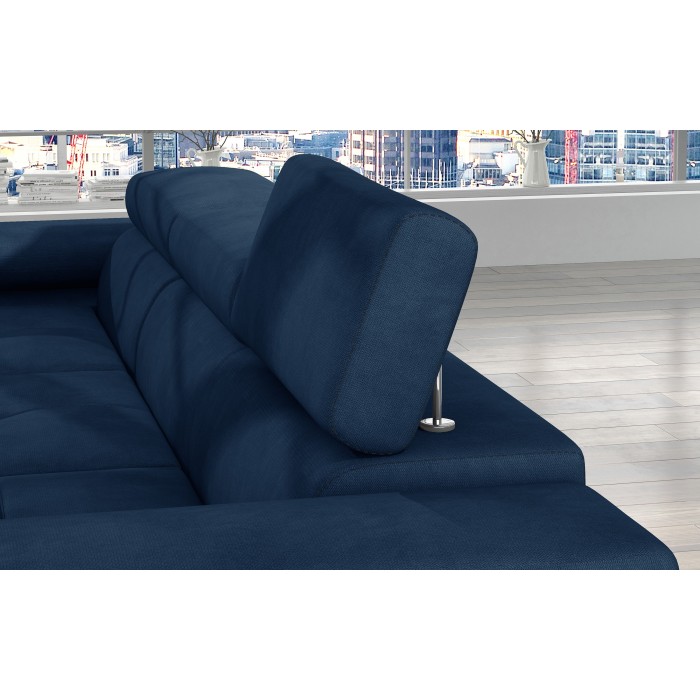 Canapé d’angle convertible AMANDA bleu foncé tissu chiné avec coffre 