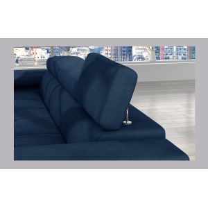 Canapé d’angle convertible AMANDA bleu foncé tissu chiné avec coffre 