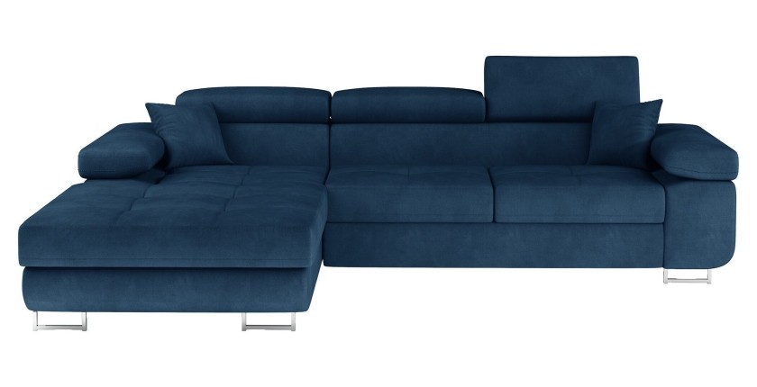 Canapé d’angle convertible AMANDA bleu foncé tissu tissé fin avec coffre 