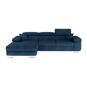 Canapé d’angle convertible AMANDA bleu foncé tissu tissé fin avec coffre 