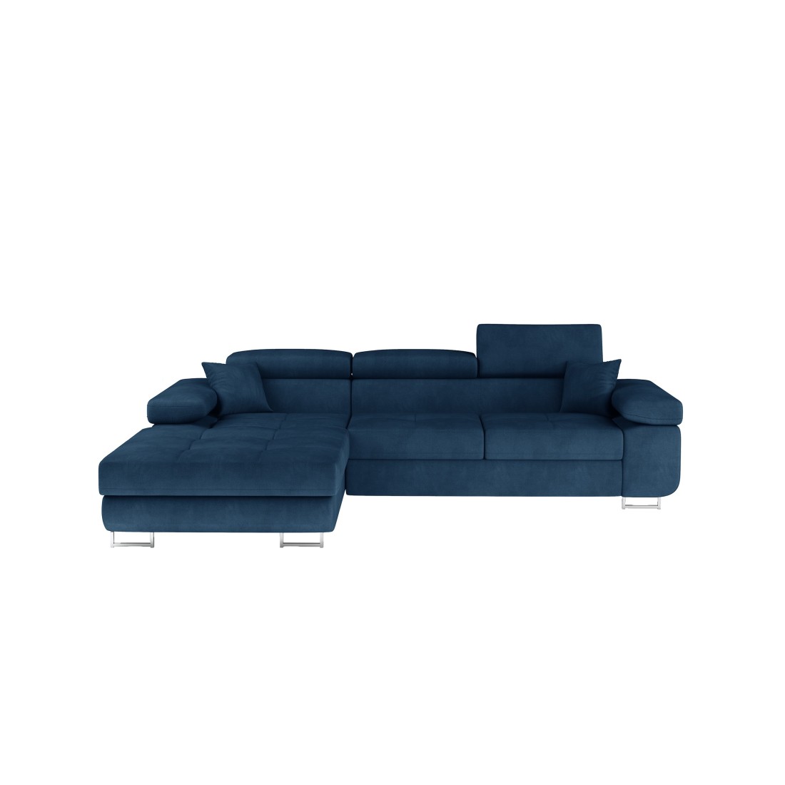 Canapé d’angle convertible AMANDA bleu foncé tissu tissé fin avec coffre 
