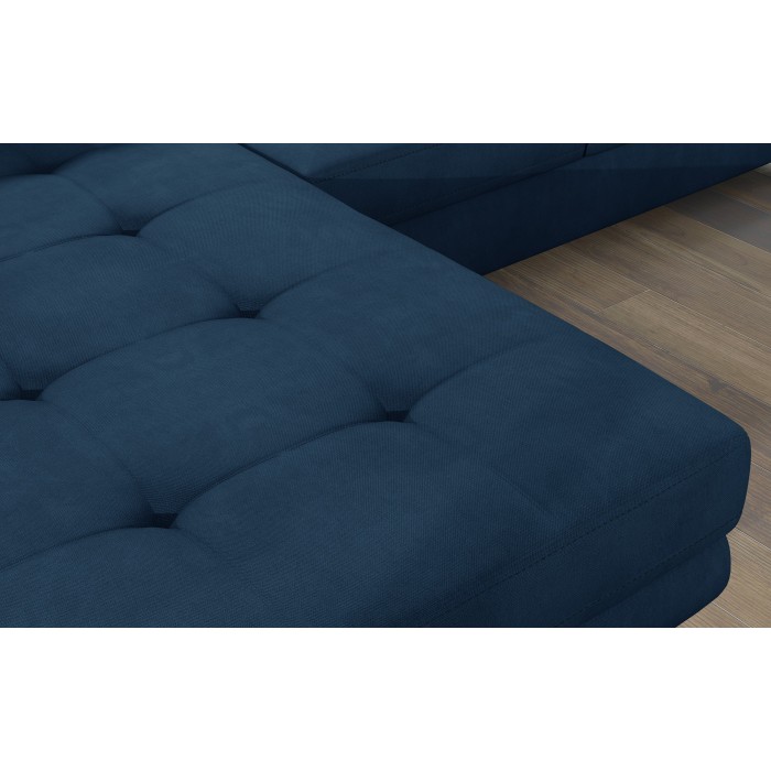 Canapé d’angle convertible AMANDA bleu foncé tissu tissé fin avec coffre 