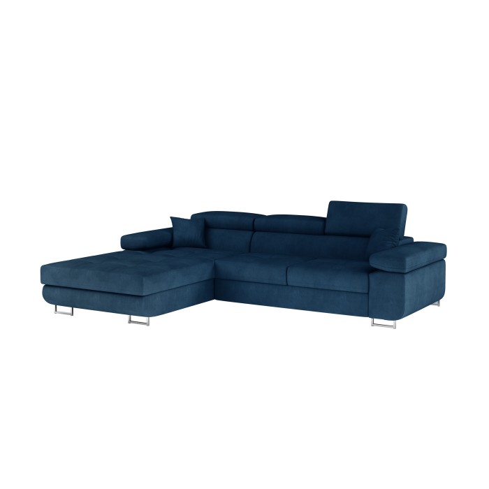 Canapé d’angle convertible AMANDA bleu foncé tissu tissé fin avec coffre 