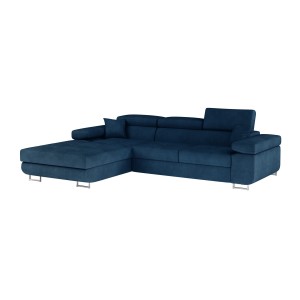 Canapé d’angle convertible AMANDA bleu foncé tissu tissé fin avec coffre 