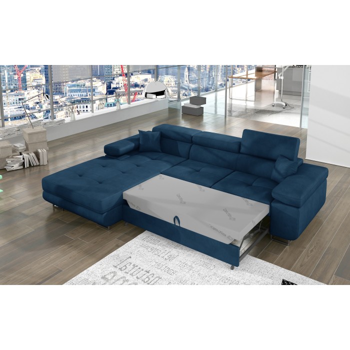 Canapé d’angle convertible AMANDA bleu foncé tissu tissé fin avec coffre 
