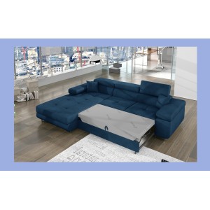 Canapé d’angle convertible AMANDA bleu foncé tissu tissé fin avec coffre 