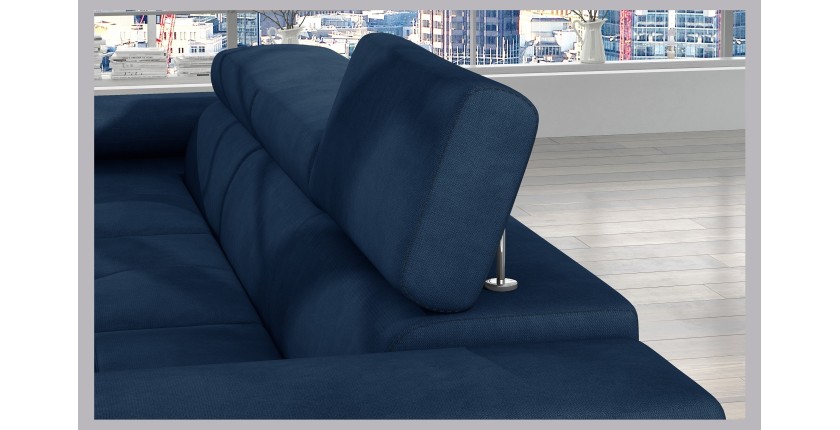 Canapé d’angle convertible AMANDA bleu foncé tissu tissé fin avec coffre 