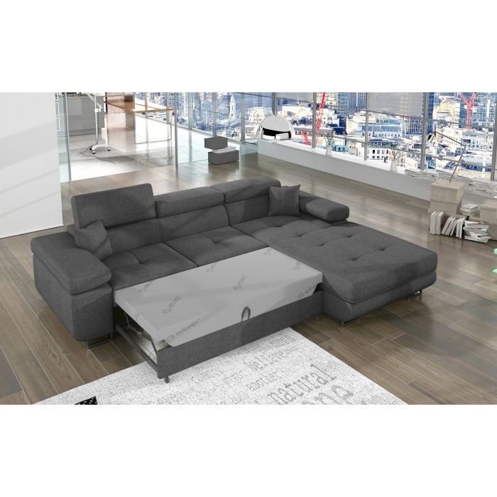 Canapé d’angle convertible AMANDA gris foncé chenille fine avec coffre 