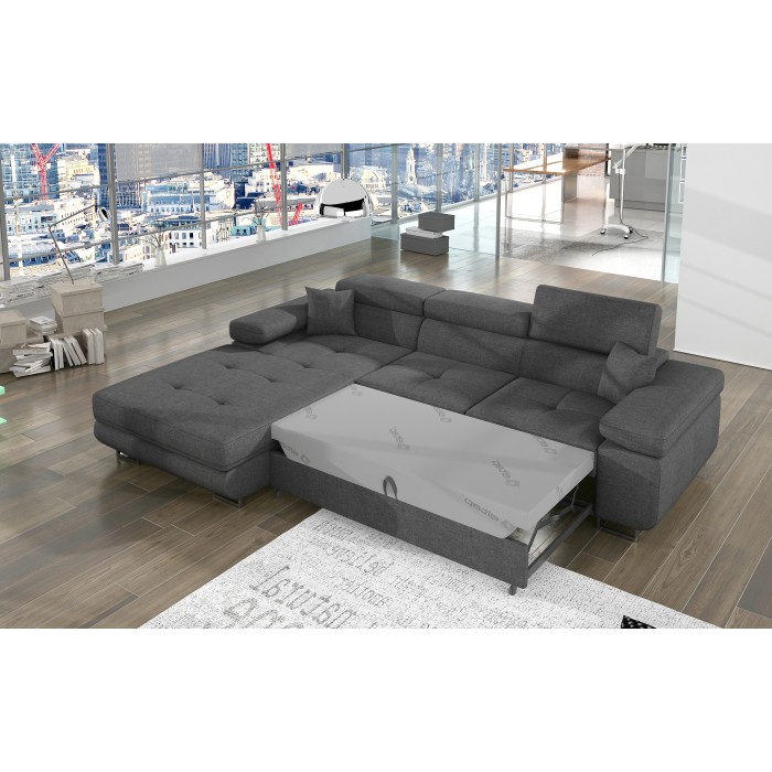 Canapé d’angle convertible AMANDA gris foncé chenille fine avec coffre 