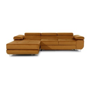Canapé d’angle convertible AMANDA orange foncé effet velours avec coffre 