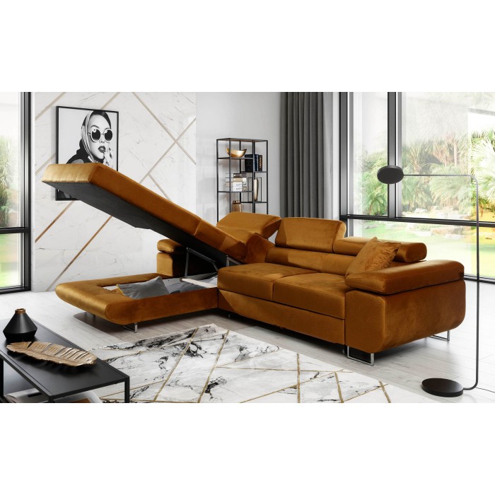 Canapé d’angle convertible AMANDA orange foncé effet velours avec coffre 