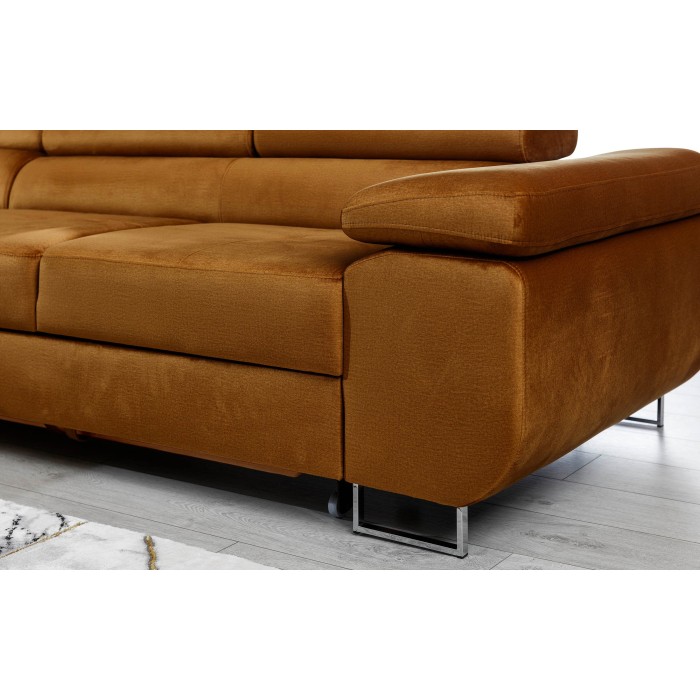 Canapé d’angle convertible AMANDA orange foncé effet velours avec coffre 