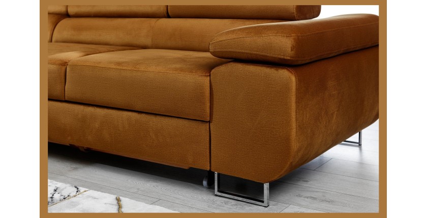 Canapé d’angle convertible AMANDA orange foncé effet velours avec coffre 