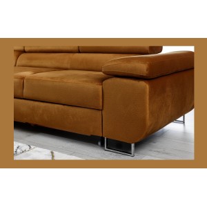 Canapé d’angle convertible AMANDA orange foncé effet velours avec coffre 