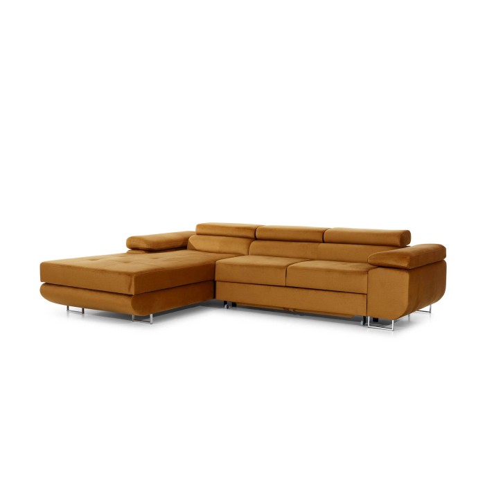 Canapé d’angle convertible AMANDA orange foncé effet velours avec coffre 