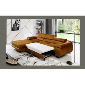 Canapé d’angle convertible AMANDA orange foncé effet velours avec coffre 
