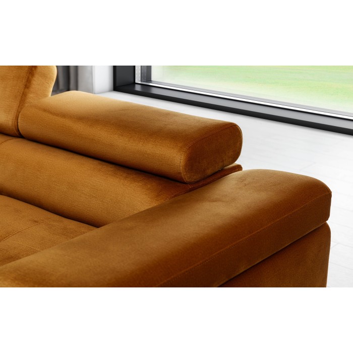 Canapé d’angle convertible AMANDA orange foncé effet velours avec coffre 
