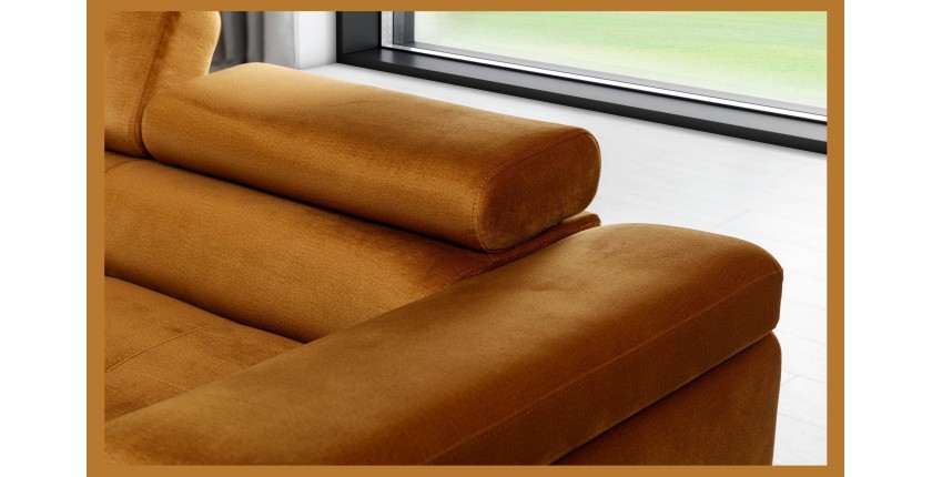 Canapé d’angle convertible AMANDA orange foncé effet velours avec coffre 