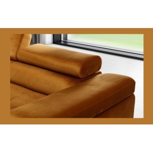 Canapé d’angle convertible AMANDA orange foncé effet velours avec coffre 