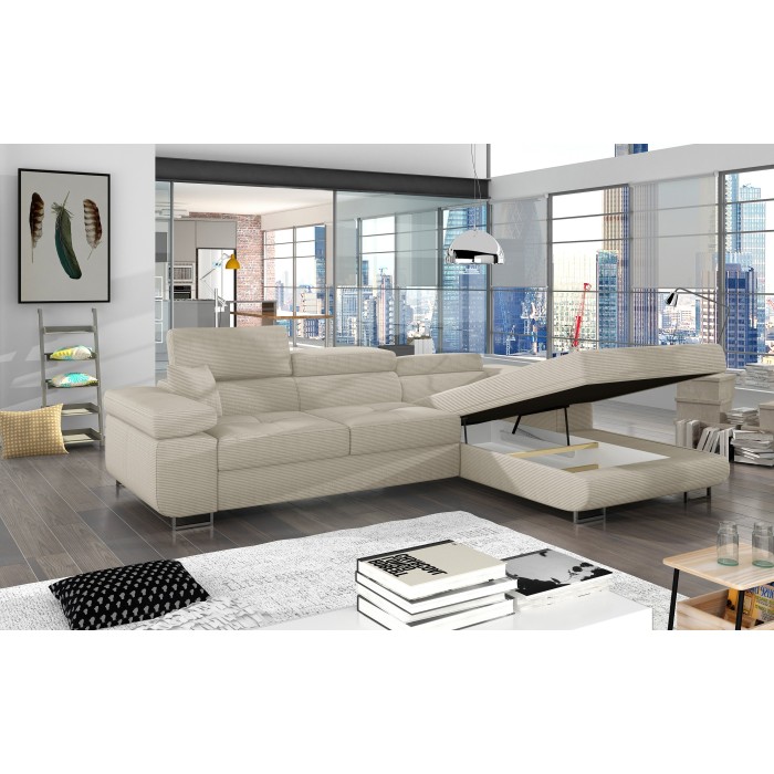 Canapé d’angle convertible AMANDA beige velours côtelé avec coffre 