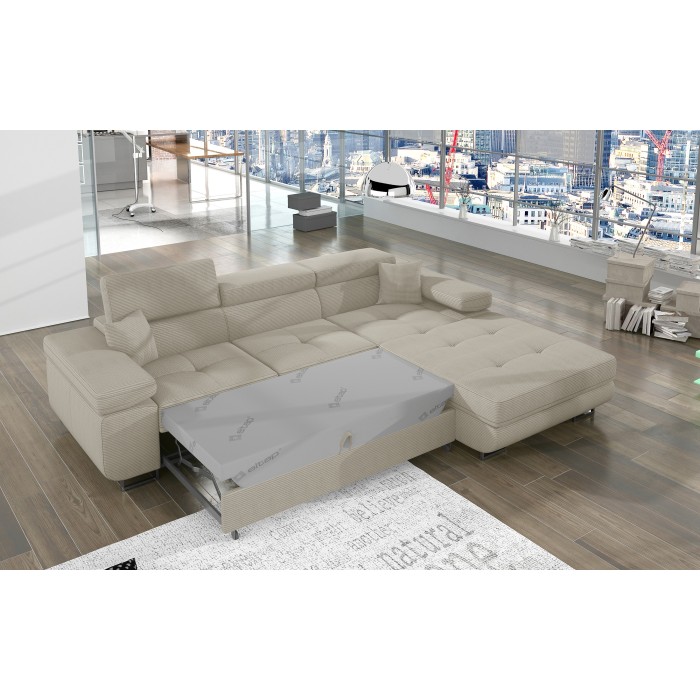 Canapé d’angle convertible AMANDA beige velours côtelé avec coffre 